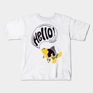 illustration of a yellow black goldfish greeting hello Kids T-Shirt